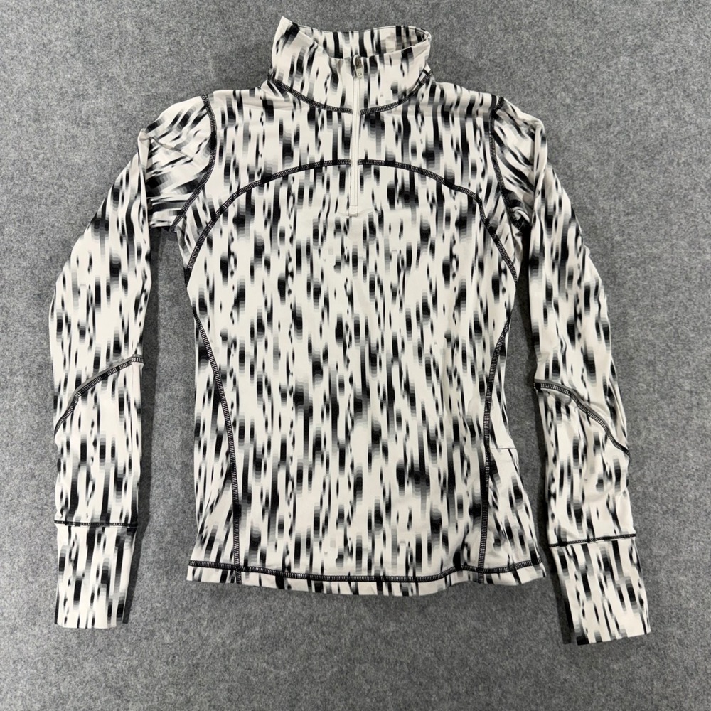 GapFit Womens XS Black White Abstract Stripe Quarter Zip Athletic Top Thumbholes